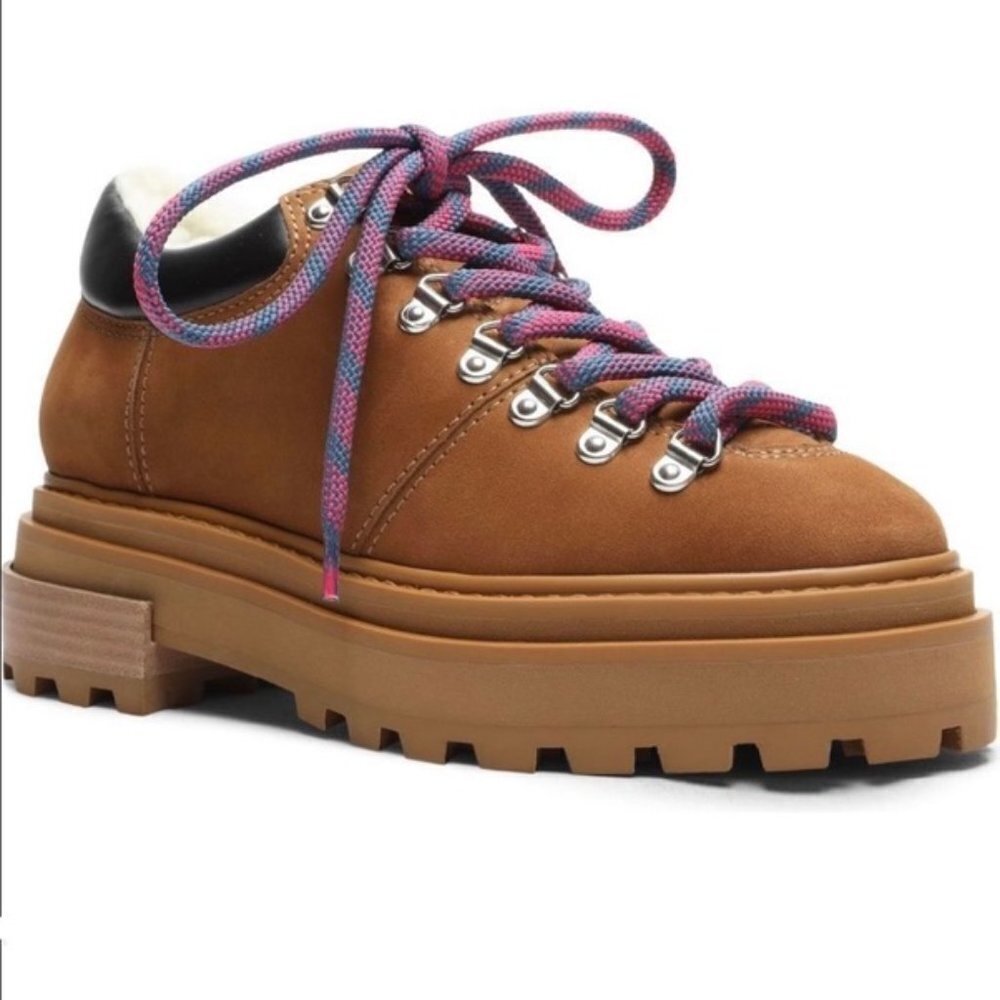 Schutz Lucille‎ Faux Sherling Platform Shoes Lace Up Boots Tan Womens 7.5B